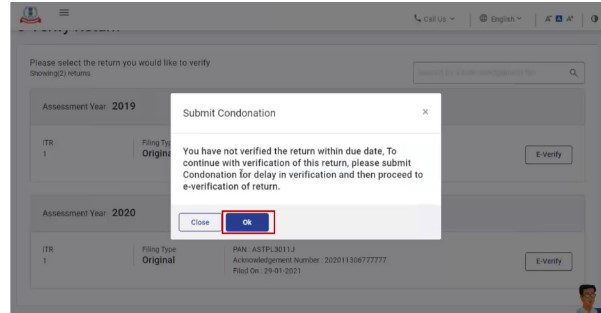 e-Verifying the return after 30 days of filing, click Ok.